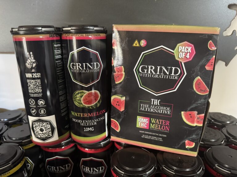 Outer Packaging on Grind with Gratitude 10mg Watermelon from two separate co packers